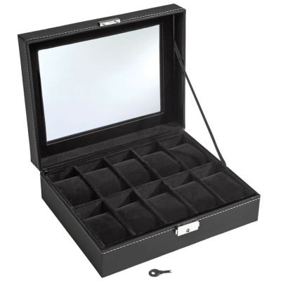 BLACK LEATHER WATCH BOX  10 SLOTS