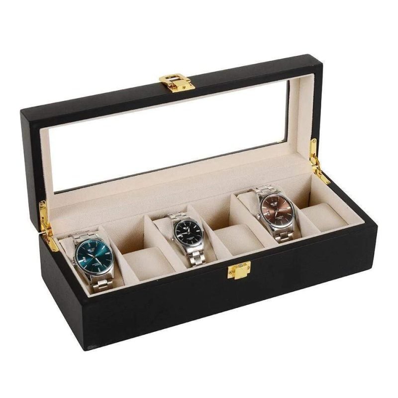 BLACK WOODEN WATCH BOX  6 SLOTS