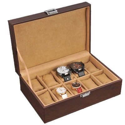 LUXURY BROWN LEATHERETTE WATCH BOX  10 SLOTS